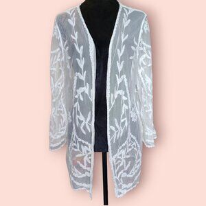 Hailey Lyn sheer boho lace floral embroidered mesh open front cardigan size M